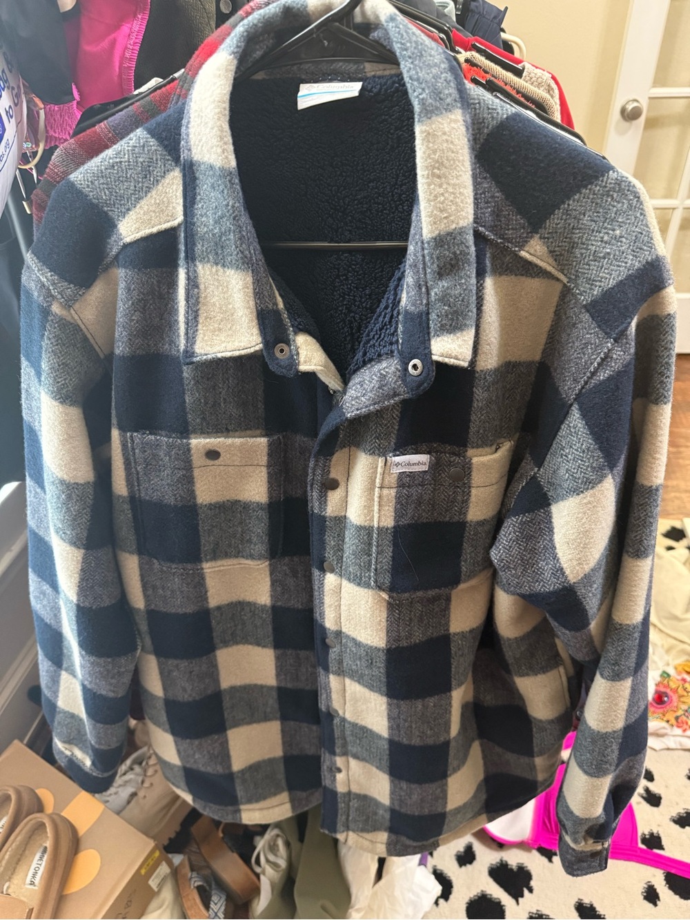 Columbia Navy and Cream Plaid Sherpa-Lined Shirt Jacket